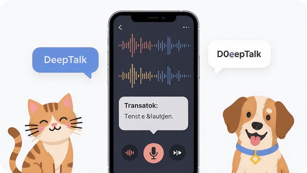 动物翻译器DeepTalk实时录音翻译功能展示图,主体为一部智能手机,屏幕显示录音波形和翻译结果文字框,布局为手机居中,周围有猫咪和狗狗的卡通形象,排版左右对称,风格为现代扁平化UI插画,细节包含声波线条、麦克风图标、翻译气泡,画质高清,干净,无多余元素