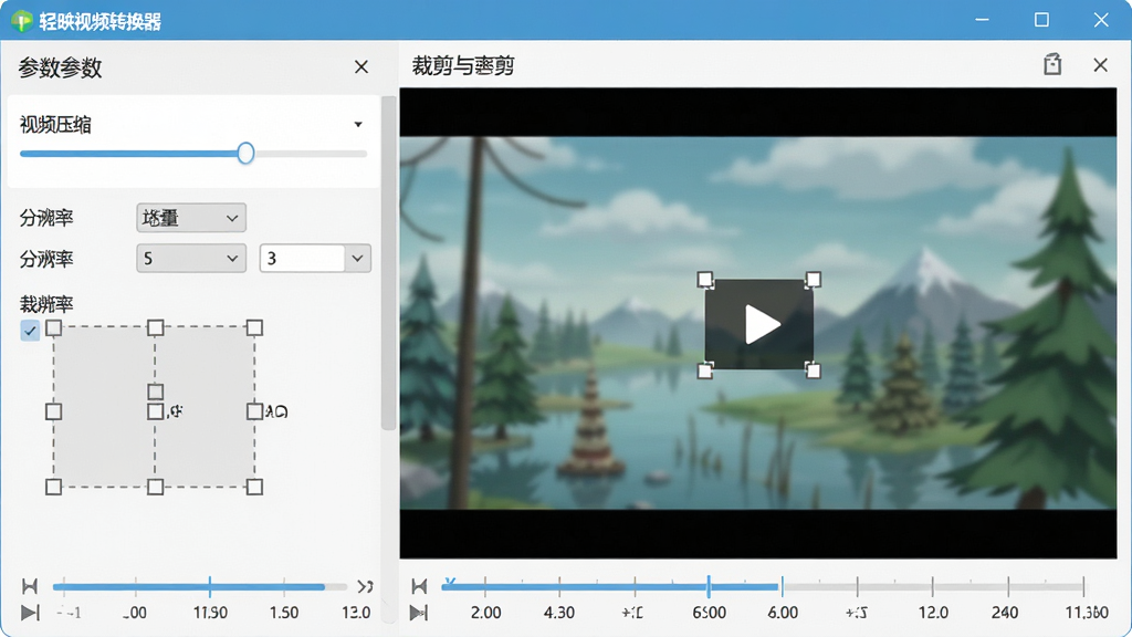 轻映视频转换器功能展示图,主体为软件操作界面中视频压缩与裁剪功能模块,布局为左侧参数设置面板与右侧视频预览窗口并列,排版清晰,风格为清爽扁平化设计,细节包含进度条、分辨率选项、裁剪框虚线、时间轴刻度,画质高清,干净,无多余元素