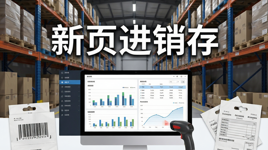 新页进销存软件主界面展示,画面中央是软件正式名称“新页进销存”大标题,背景为现代化仓库与货架,前景有电脑屏幕显示进销存数据图表,布局采用左右分栏,左侧为功能菜单,右侧为库存列表与销售曲线,风格简洁商务,细节包含商品条码、扫码枪、纸质单据等元素,画质清晰,干净,无多余元素