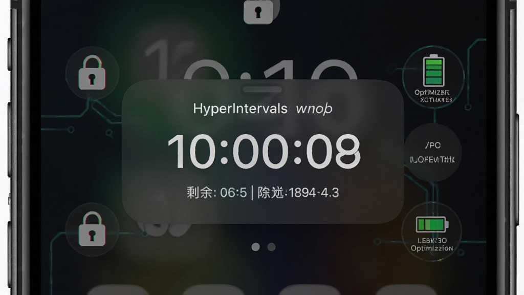 HyperIntervals 后台运行示意图,画面展示手机锁屏界面中央显示计时器悬浮窗,周围有锁形图标与电池优化标识,背景为深色,风格科技感十足,细节包括剩余时间与当前阶段名称,画质清晰干净,无多余元素