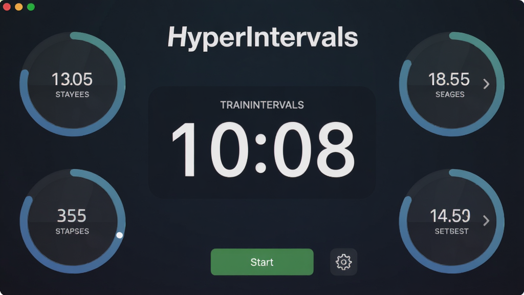 HyperIntervals 软件主界面截图,画面中央显示醒目的计时器数字,背景为深色渐变风格,四周环绕着训练阶段进度环,顶部有软件名称 HyperIntervals 字样,整体布局简洁清晰,UI风格现代扁平化,细节包括开始按钮、设置图标与训练预设列表,画质清晰干净,无多余元素