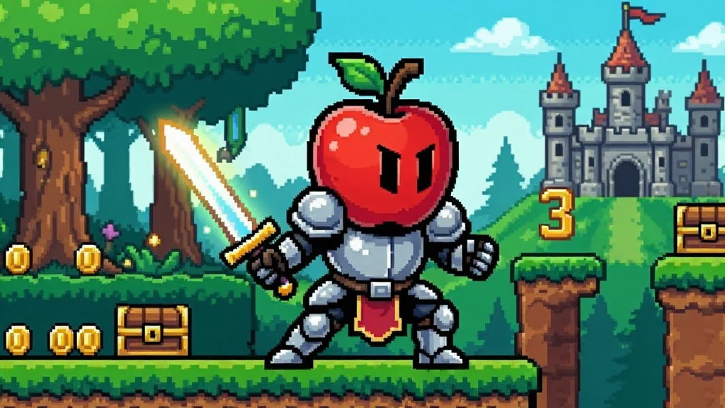 一幅横版动作冒险游戏Apple Knight 3的主题插画,画面中央是一位身穿银色盔甲的苹果骑士,手持发光长剑,摆出战斗姿态,背景是像素风格的奇幻森林与古老城堡,场景中散布着金币、宝箱和跳跃平台,整体采用鲜艳明快的卡通像素画风,构图饱满,主体突出,画质清晰,干净整洁,无多余元素