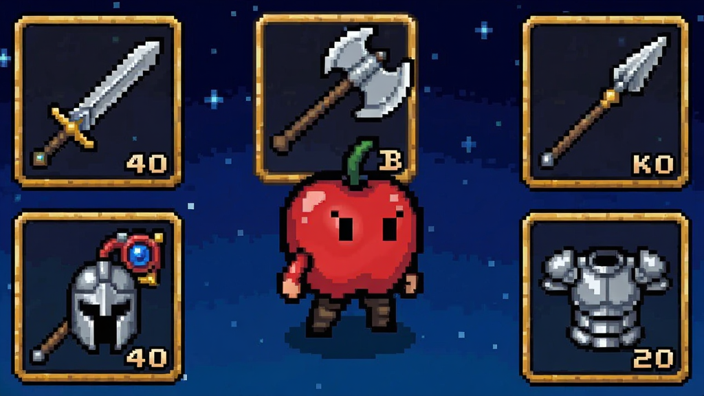 一幅Apple Knight 3角色装备界面的像素风格插画,画面中央是苹果骑士站立展示,周围环绕着六件装备图标,包括长剑、巨斧、长矛、魔法法杖、头盔和盔甲,每件装备带有金色边框和属性数值,背景是深蓝色星空,界面采用复古游戏菜单风格,画质清晰,干净,无多余元素