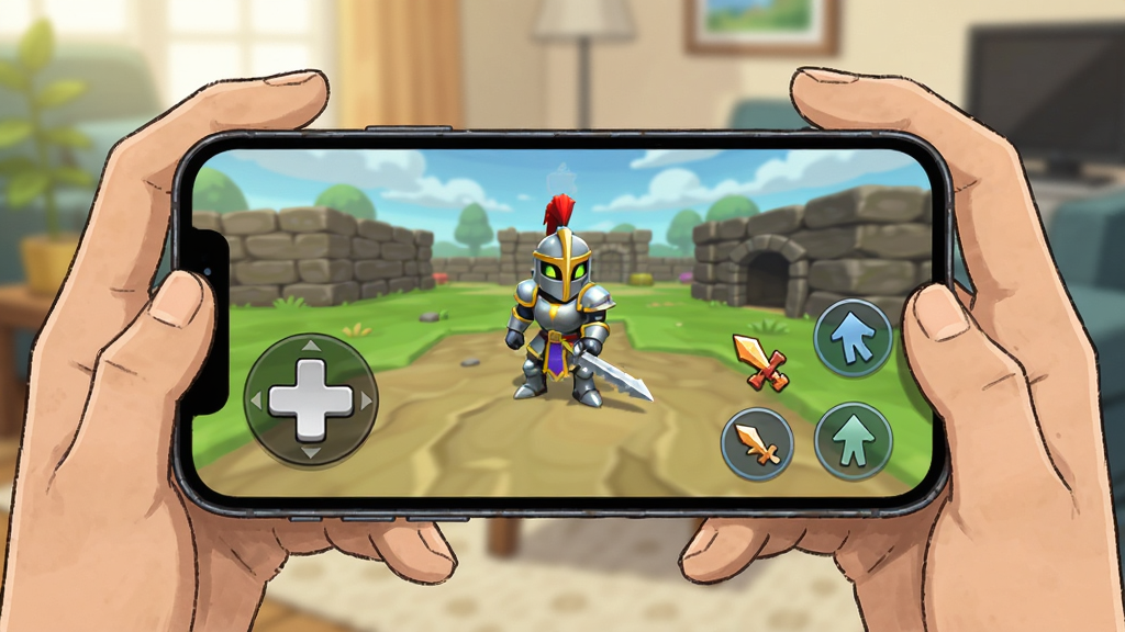 一幅展示Apple Knight 3手机游戏操作界面的插画,画面是一双手持握智能手机,手机屏幕上显示游戏画面,左侧有虚拟摇杆,右侧有攻击和跳跃按钮,画面背景是模糊的居家环境,突出手机屏幕上的游戏内容,整体风格为写实产品展示图,画质清晰,干净,无多余元素