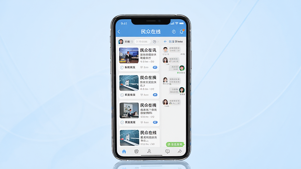 一幅展示民众在线APP的详细生图,主体是一部智能手机,屏幕上显示着民众在线的应用界面,包含新闻资讯列表和社交聊天窗口,布局为手机居中放置,背景是柔和的浅蓝色渐变,风格为现代扁平化科技感,细节包括清晰的图标、文字和卡片式设计,画质为高清4K,干净无多余元素。