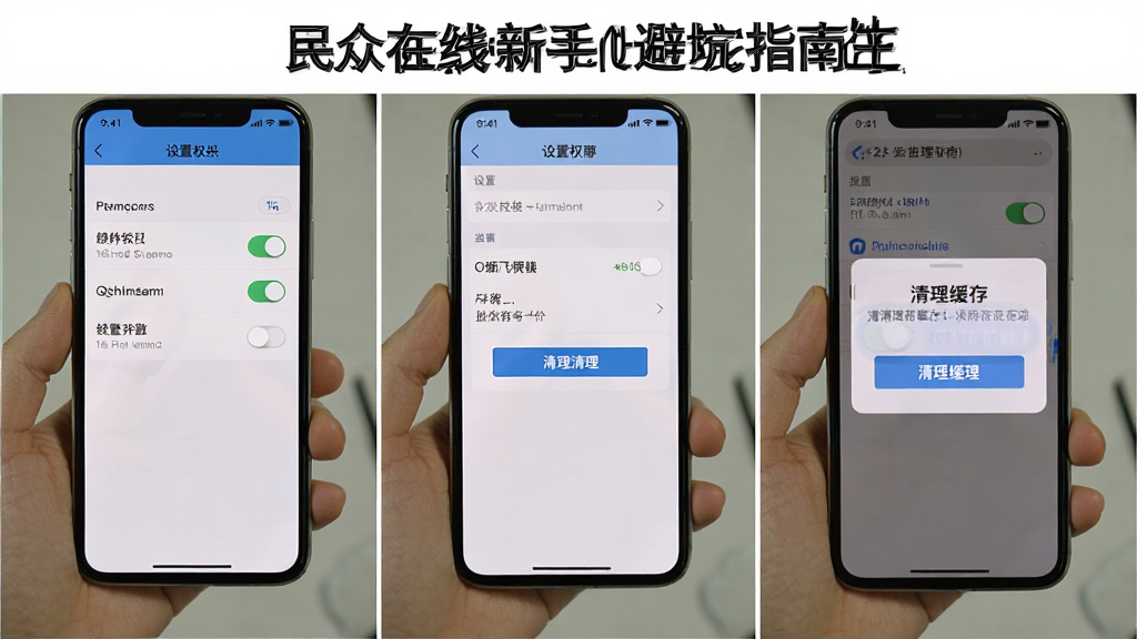 民众在线新手避坑指南生图,主体是手机屏幕显示设置权限界面和清理缓存提示,布局为分步操作截图风格,排版清晰,风格为教程指引风,细节包括权限开关和缓存清理按钮,画质高清,干净无多余元素。