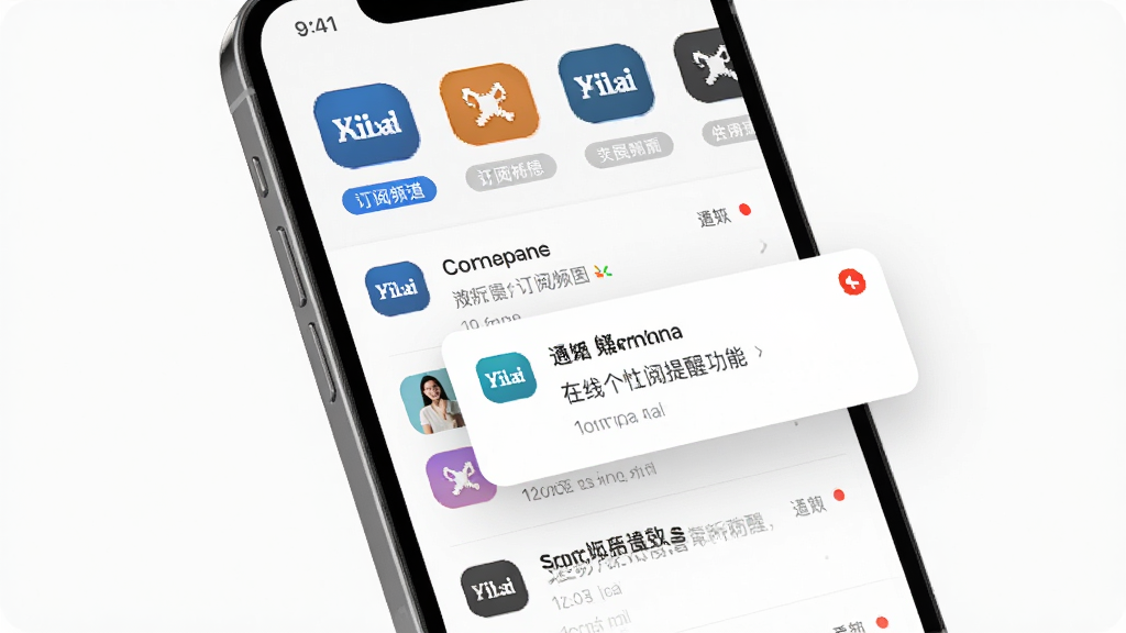 民众在线个性化订阅提醒功能生图,主体是手机界面显示订阅频道和通知弹窗,布局为顶部频道栏加内容区,排版有序,风格为现代信息流风格,细节包括频道标签和通知红点,画质高清,干净无多余元素。
