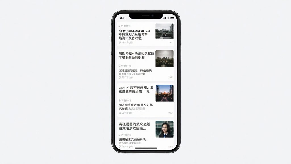 民众在线本地资讯聚合功能生图,主体是手机屏幕展示新闻卡片流,布局为多张新闻卡片纵向排列,排版整齐,风格为清新简约的阅读界面,细节包括新闻标题、缩略图和发布时间,画质高清,干净无多余元素。