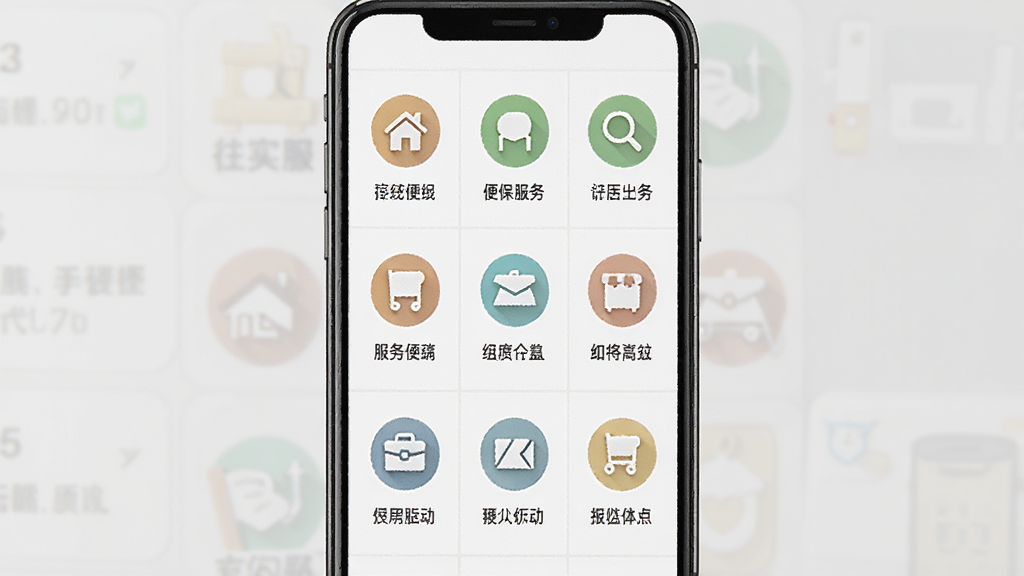 民众在线便民生活服务功能生图,主体是手机屏幕展示服务图标网格,布局为九宫格或列表式排列,排版规整,风格为实用工具风,细节包括各类服务图标和文字标签,画质高清,干净无多余元素。