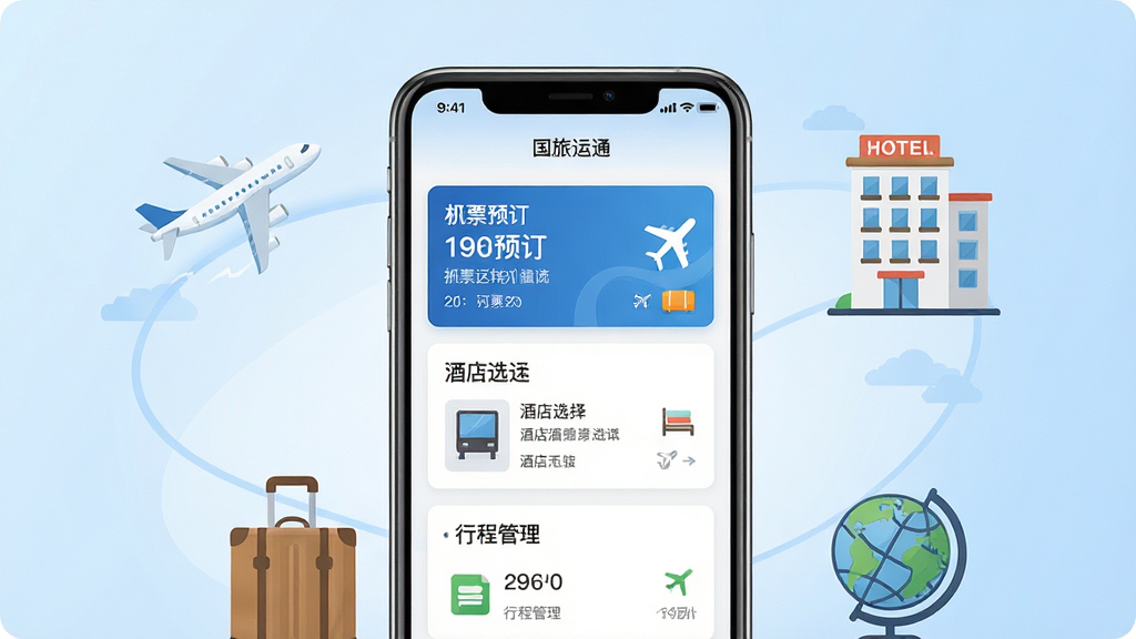 一幅展示国旅运通移动端应用界面的场景图,画面中央是一部智能手机,屏幕上显示着机票预订、酒店选择和行程管理三大功能模块的卡片式布局,手机周围环绕着飞机、酒店建筑、行李箱和地球仪等简洁图标,背景为浅蓝色渐变,整体风格商务简洁现代,细节清晰,画质干净,无多余元素