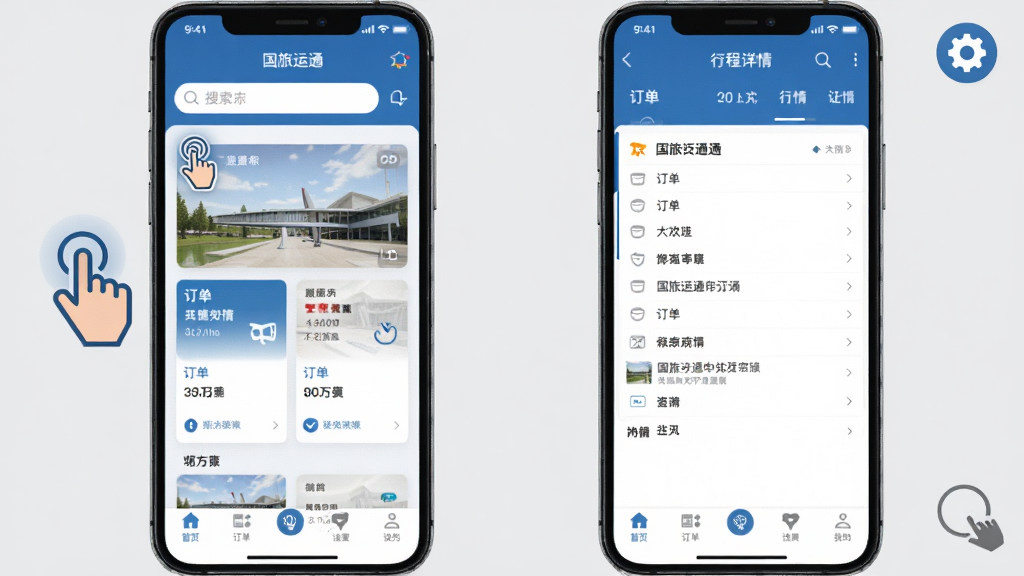 国旅运通移动端操作界面截图展示,画面为手机屏幕显示应用首页与行程详情页的对比布局,屏幕上有搜索框、订单卡片和底部导航栏,周围有手指点击图标和设置齿轮图标,背景为浅灰色,风格简洁商务,画质清晰,无多余元素