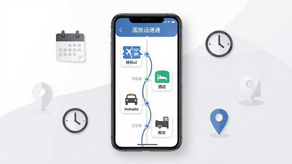 国旅运通应用主界面展示图,画面中心为手机屏幕,屏幕上呈现智能行程时间轴界面,标注有机票、酒店、用车等图标,时间轴线条清晰,周围点缀着日历、时钟和定位符号,背景为白色与浅灰色搭配的简约商务风格,布局整齐,画质干净,无多余元素