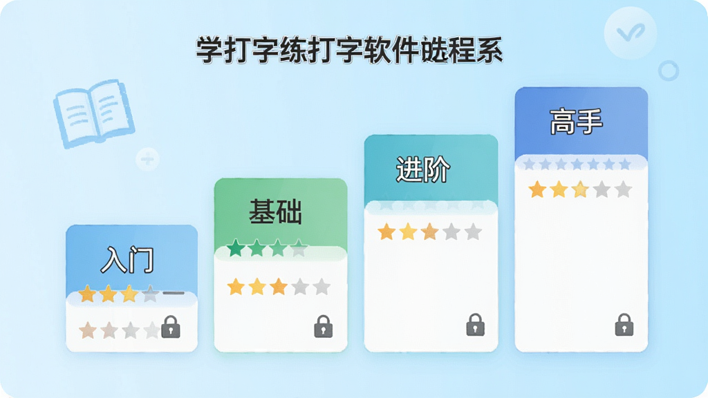 一张学打字练打字软件课程选择界面的示意图,画面主体为阶梯式排列的课程卡片,卡片上标注着入门、基础、进阶、高手等字样,背景为淡蓝色渐变,风格清新明快,细节包括每张卡片上的星级进度指示与锁形图标,画质干净清晰,布局整齐有序