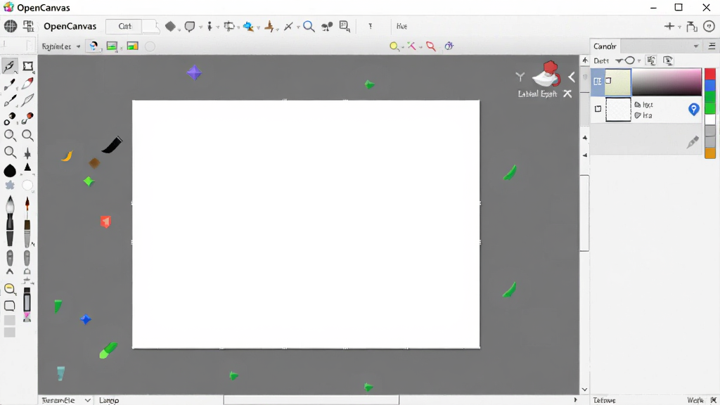 OpenCanvas数字绘画软件主界面全貌,中央是白色画布,左侧是笔刷工具栏,右侧是图层与颜色面板,整体风格简洁清爽,界面文字为英文,画面干净无多余元素,高分辨率,2D数字艺术风格