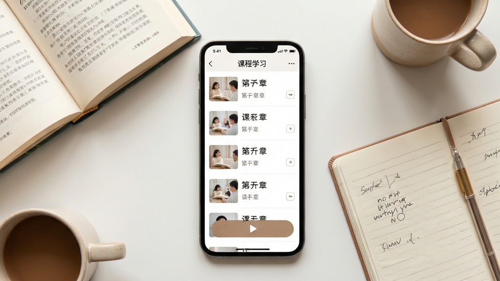 一幅展示思源心理应用内课程学习页面的场景图,画面中央为手机屏幕,屏幕上显示课程章节列表与播放按钮,周围点缀书本与笔记本元素,布局整洁,风格温和舒适,细节丰富,画质清晰干净,无多余元素