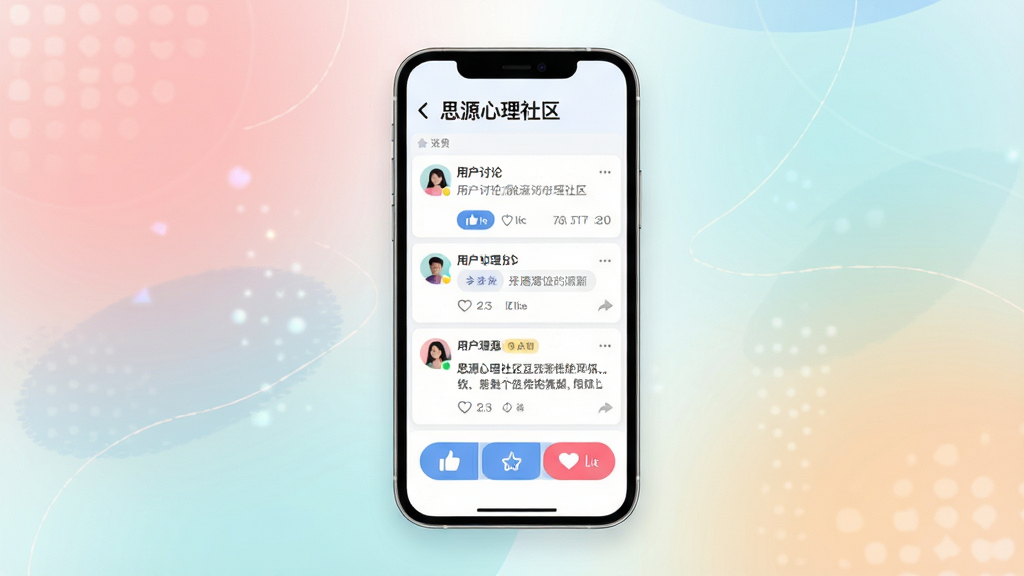 一幅展示思源心理社区互动界面的示意图,画面中心为手机屏幕显示用户讨论帖与点赞按钮,背景为柔和渐变色彩,风格现代简洁,细节清晰,画质干净,无多余元素