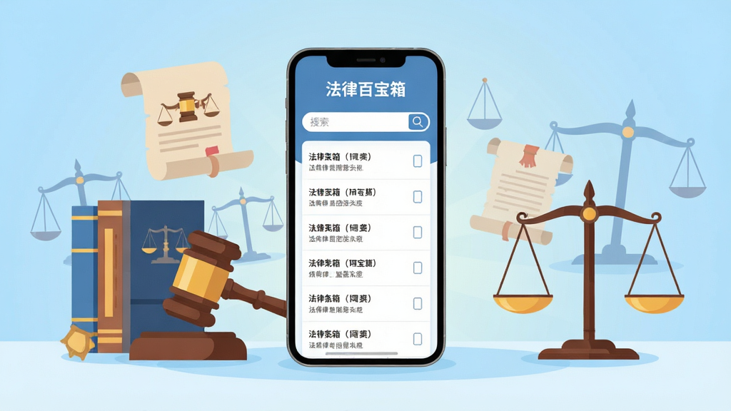 画面中央放置一部智能手机,手机屏幕显示法律百宝箱应用界面,界面中有法律条文列表和搜索框,手机周围环绕法律书籍、法槌、天平、卷轴等法律元素,背景为浅蓝色渐变,整体采用扁平化插画风格,画面干净整洁,文字清晰标注“法律百宝箱”,画质高清,无多余元素
