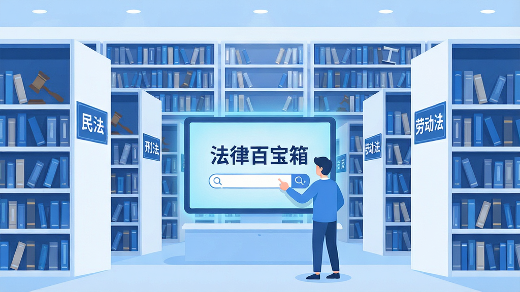 一个巨大的数字图书馆场景,书架整齐排列,每个书架上标注不同法律分类标签如“民法”“刑法”“劳动法”,中央有一块发光的搜索屏幕显示“法律百宝箱”字样,一位用户正在点击屏幕查询,整体风格为现代扁平插画,色调以蓝色和白色为主,画面干净整洁,画质高清,无多余元素