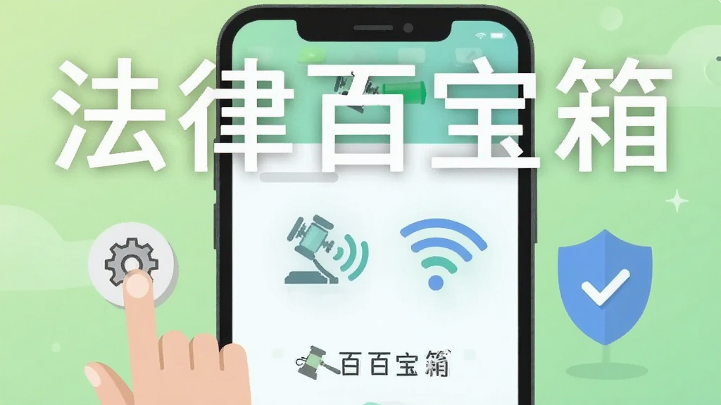 一部手机展示法律百宝箱使用指南界面,屏幕旁边有手指点击设置图标、WiFi信号图标、盾牌安全图标等元素,背景为浅绿色渐变,整体风格为扁平化教程插画,文字清晰标注“法律百宝箱”,画质高清,无多余元素