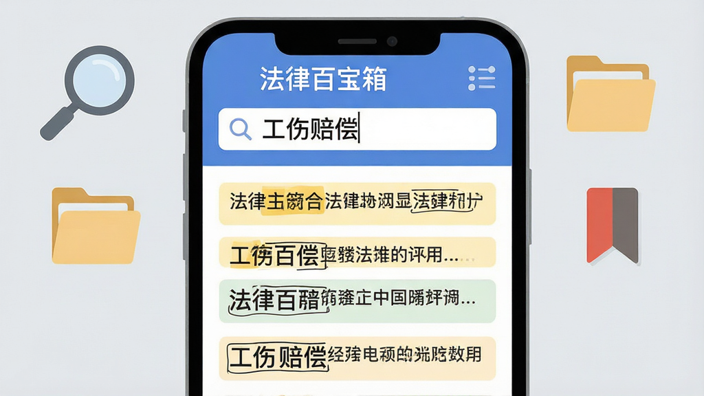 画面展示一个手机屏幕特写,屏幕中搜索框输入“工伤赔偿”,下方列出多条高亮显示的法律条文结果,屏幕周围有放大镜、文件夹、书签等图标,背景为柔和的浅灰色,整体采用简洁的扁平化设计风格,文字清晰标注“法律百宝箱”,画质高清,无多余元素