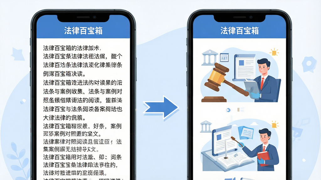 一幅插画展示法律百宝箱应用界面中法条与案例对照阅读的场景,左侧是法律条文文字,右侧是案例故事插图,中间用箭头连接,手机屏幕上方有“法律百宝箱”标题栏,背景为淡蓝色,整体风格为扁平化信息图,画面干净整洁,画质高清,无多余元素