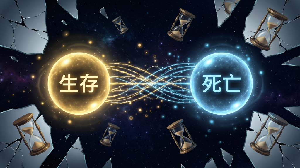 手机游戏有些人可能会死的抉择界面概念图,画面中央悬浮着两个发光的光球,左侧光球呈暖黄色代表生存,右侧光球呈冷蓝色代表死亡,两个光球之间连接着错综复杂的命运线,背景是深邃的星空与破碎的镜面,布局采用上下对称排版,风格为奇幻数字艺术风格,细节包括光晕粒子、裂纹纹理、漂浮的沙漏,画质高清,干净,无多余元素,画面中不出现任何文字
