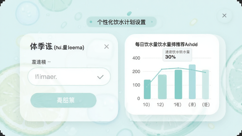 到点喝果汁应用中的个性化饮水计划设置页面,显示体重输入框和每日饮水量推荐图表,清新浅色界面,圆角卡片设计,画质干净清晰