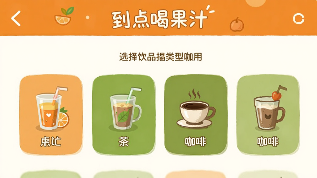 到点喝果汁应用中选择饮品类型的界面,显示果汁、茶、咖啡等图标选项,橙色和绿色搭配,温馨活泼风格,画质清晰无多余元素