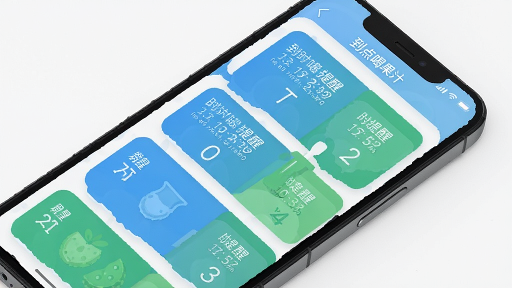 手机屏幕显示“到点喝果汁”应用界面,多个定时提醒卡片整齐排列,蓝色和绿色为主色调,扁平化设计风格,背景干净简洁,画质清晰,无多余元素