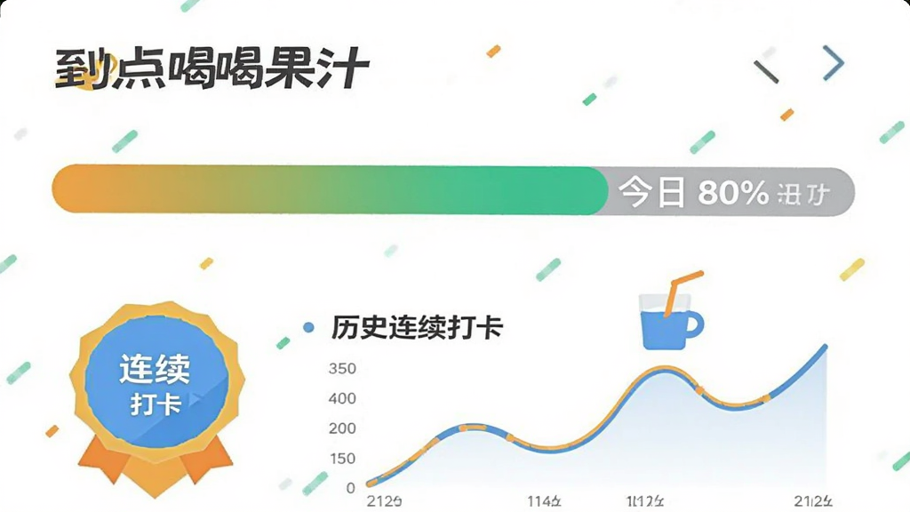 到点喝果汁的饮水记录页面,进度条显示今日已完成80%,下方有连续打卡徽章和历史曲线图,明亮活泼的配色,扁平化设计,画质清晰干净