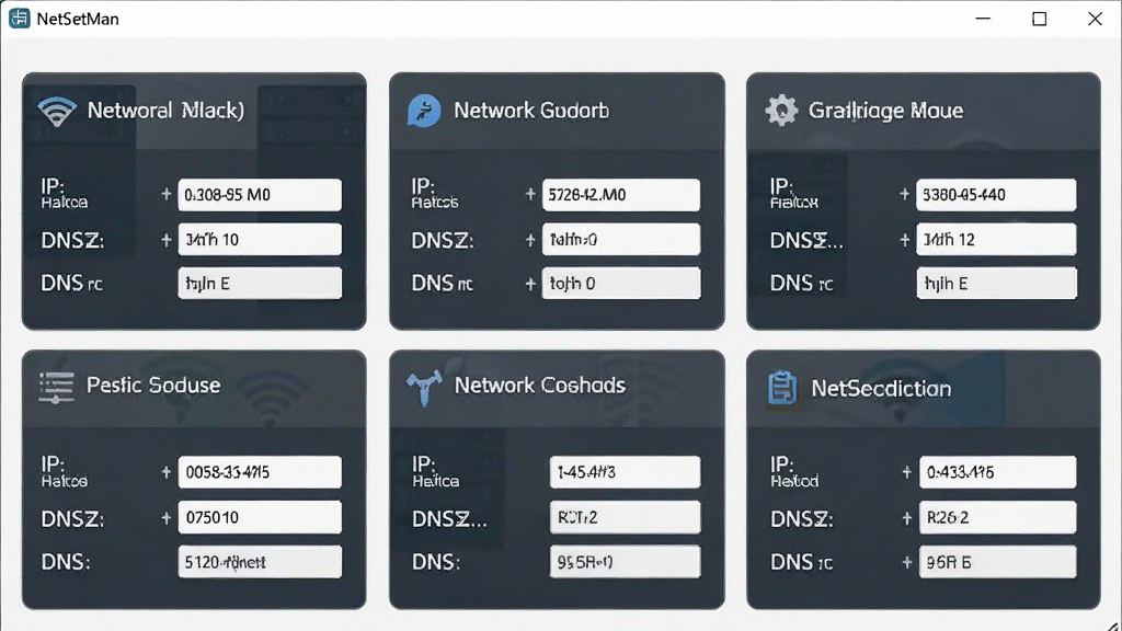 NetSetMan软件主界面截图,画面中央展示六组网络配置方案卡片排列,每张卡片标注不同网络环境名称,风格简洁商务,细节包含IP地址和DNS字段,画质清晰,干净,无多余元素