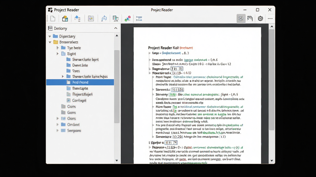Project Reader���������ͼ������Ϊ�������ڣ����չʾ����Ŀ¼���ṹ���Ҳ���ʾ�ĵ�����ҳ�档���ֲ������ҷ�����ƣ�Ŀ¼������չʾ�༶�½ڡ��Ű����룬���Ϊ�������磬ϸ�ڰ�������ѡ�е�Ŀ¼�ڵ㡢��������������ͼ�ꡣ���ʸ��壬�ɾ����޶���Ԫ�ء�