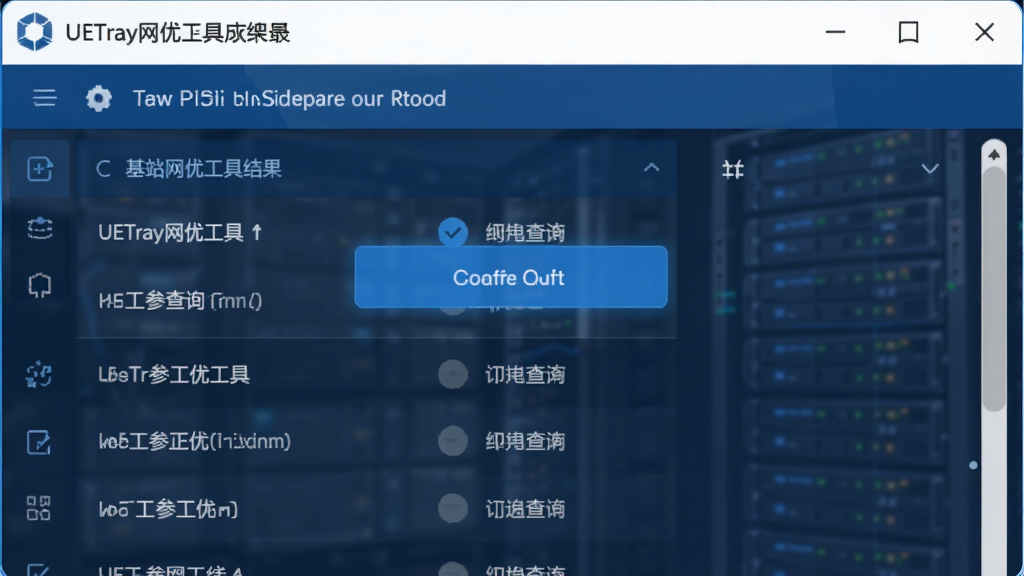 主体是软件界面特写,屏幕上显示UETray网优工具的基站工参查询结果列表,布局为界面占据画面中央,排版为竖版方图,风格为科技蓝调UI风格,细节包括高亮的查询按钮和滚动条,画质清晰干净无多余元素