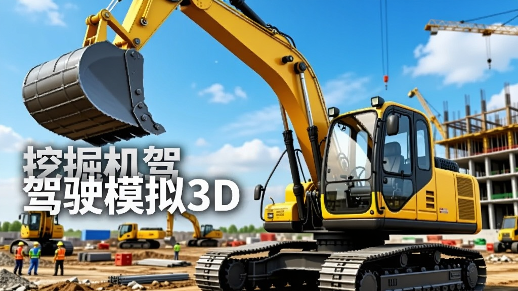 画面主体是一台黄色履带式挖掘机停在建筑工地上,背景是蓝天白云和正在施工的楼房,挖掘机机械臂高高举起铲斗,驾驶室玻璃反光清晰可见,画面左侧有