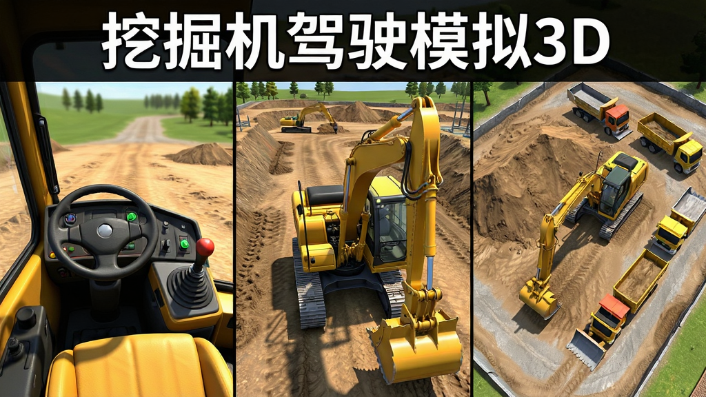 挖掘机驾驶模拟3D游戏多视角展示图,左侧为驾驶室内部视角显示方向盘和操作杆,中间为车外跟随视角显示整台挖掘机在工地上作业,右侧为高空俯瞰视角显示挖掘机与土堆卡车的相对位置,三个画面并排排列,上方有软件名称