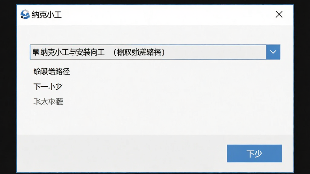 一张展示纳克小工安装向导界面的图片,画面中安装路径选择框和下一步按钮清晰可见,布局为典型安装向导窗口,风格为简洁实用风,细节上体现“纳克小工”安装过程,画质干净