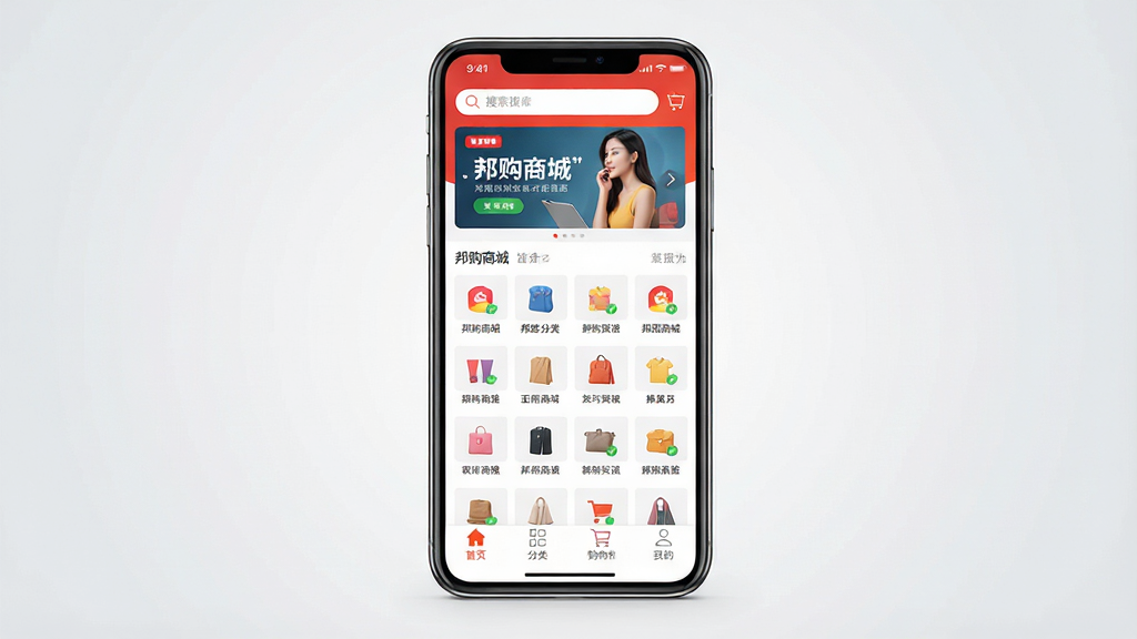 一张展示邦购商城APP首页界面的手机样机预览图,画面中央放置一部竖屏智能手机,屏幕内显示邦购商城APP的首页,顶部有搜索框和轮播横幅广告,中部为商品分类图标网格,底部为导航栏包含首页、分类、购物车、我的等标签。背景为浅灰渐变纯色,风格简洁现代,细节清晰,画质高清干净,无多余元素,图片中文字使用引号标注“邦购商城”