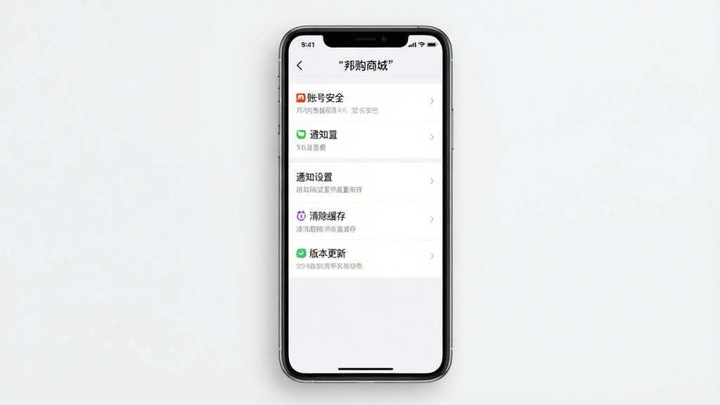 一张展示邦购商城APP设置与帮助中心的手机界面图,画面中手机屏幕显示账号安全、通知设置、清除缓存、版本更新等选项列表,界面风格简洁明了,背景为白色,布局规整,画质高清干净,图片中文字使用引号标注“邦购商城”