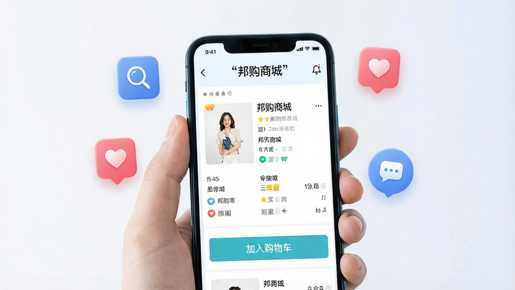 一张表现邦购商城移动端购物体验的场景图,画面中一只手握住手机,屏幕显示商品详情页和加入购物车按钮,周围漂浮着搜索图标、收藏心形图标、消息气泡等元素,背景为柔和浅色,风格现代清新,细节丰富,画质高清干净,图片中文字使用引号标注“邦购商城”
