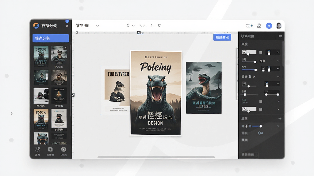 一张展示图怪兽在线设计平台主界面的预览图,画面中央是软件操作界面,左侧为模板分类导航栏,中间为画布编辑区域,右侧为属性调整面板,界面中显示着海报设计模板缩略图,整体布局清晰,风格简洁现代,画质干净,无多余元素