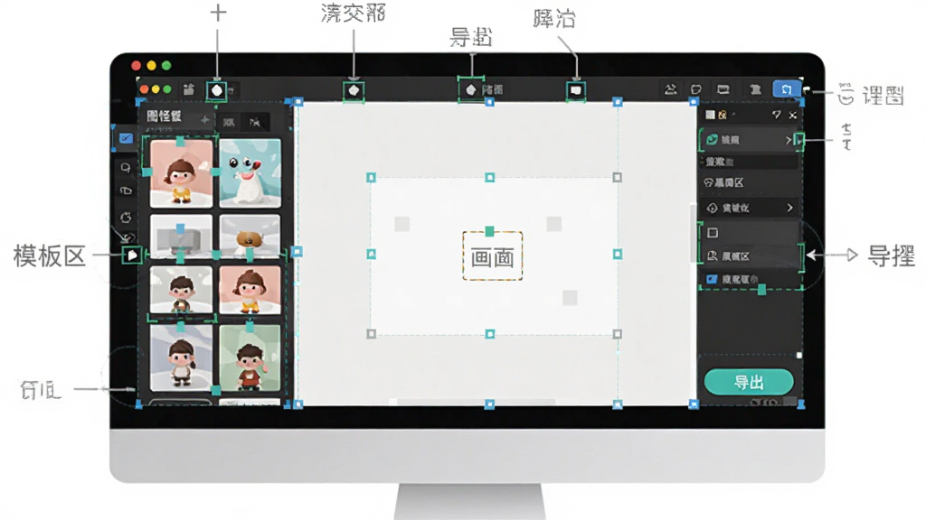 图怪兽新手操作界面的引导示意图,画面展示电脑屏幕中图怪兽编辑器标注了各个功能区域的位置,包括模板区、画布区、属性区、导出按钮,风格简洁明快,布局清晰,画质干净,无多余元素