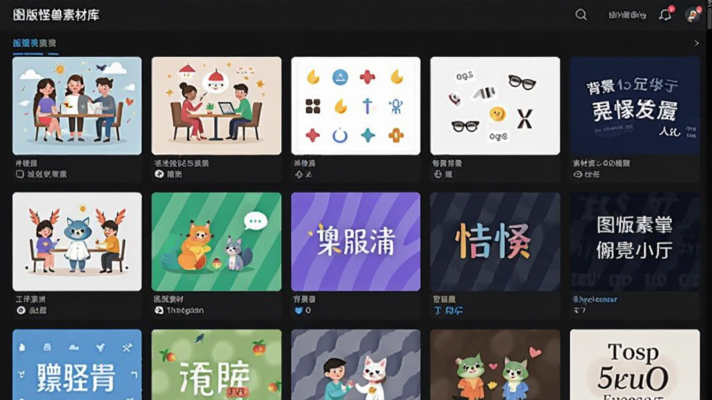 图怪兽素材库中展示正版素材分类的界面截图,画面中显示插画、图标、背景、字体等多种素材类型,素材排列有序,界面干净整洁,风格专业,画质清晰无杂乱元素