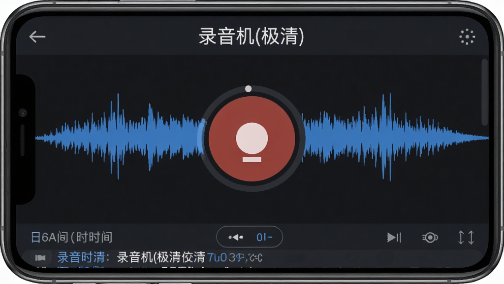 录音机(极清)软件主界面,深色背景搭配蓝色录音波形,中央大圆形录音按钮,顶部显示