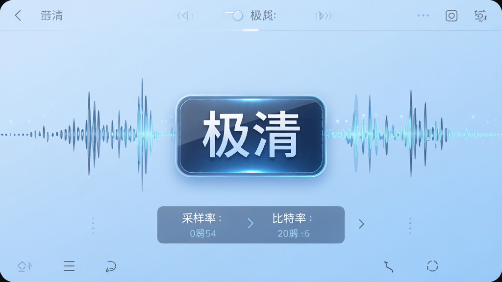 录音机(极清)音质设置界面,展示采样率与比特率选项,背景为淡蓝色渐变,界面中央突出