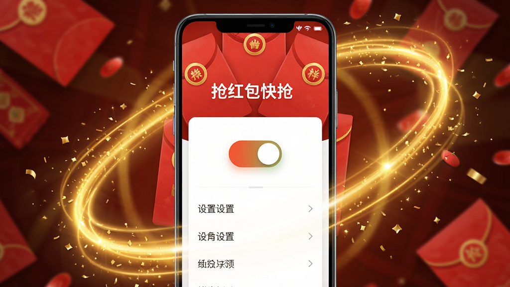 一张展示安卓手机屏幕的图片,屏幕中央是“抢红包快抢”软件的主界面,界面设计简洁,有醒目的开关按钮和设置选项。手机背景是喜庆的红色红包图案,周围环绕着金色的光效,整体风格喜庆、科技感强,画质清晰,无多余元素。