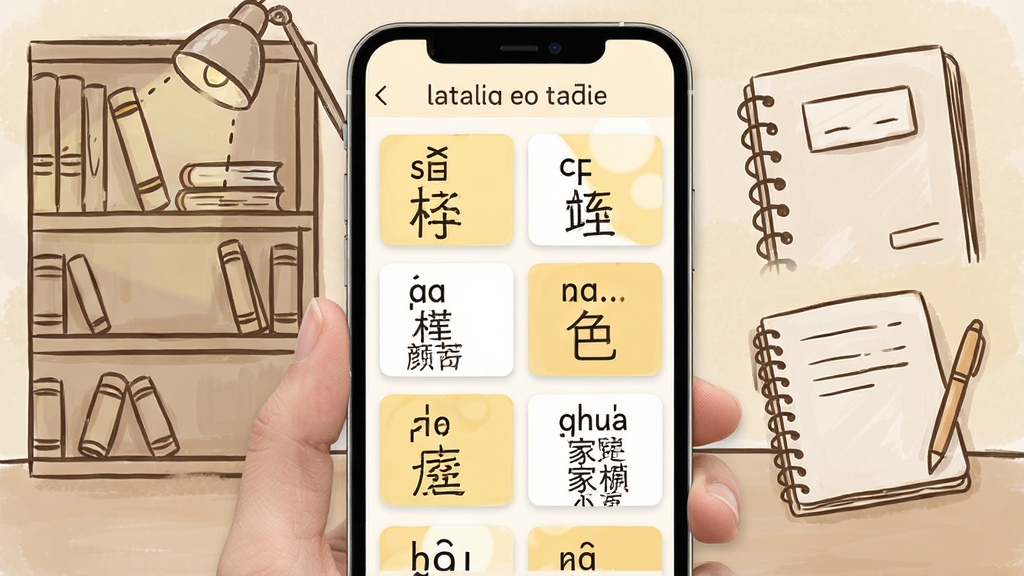 意大利语翻译通词汇学习界面,画面展示手机屏幕内分类词汇卡片如数字、颜色、家庭称谓,卡片采用浅黄色与白色交替排列,背景为书架与笔记本的简笔画,整体风格温馨学习氛围,细节包含单词拼写与中文释义对照,画质清晰干净无多余元素