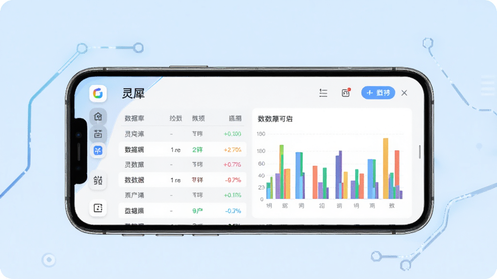 灵犀数据软件主界面预览图,画面中央展示一部智能手机,手机屏幕上呈现灵犀数据的应用界面,包含数据表格和彩色柱状图,背景为干净的浅蓝色渐变,布局简洁居中,风格现代科技感,细节清晰可见应用图标和图表元素,画质高清干净无多余元素