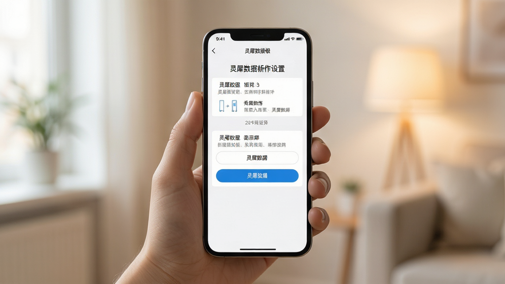灵犀数据新手操作示意图,画面展示一只手拿着手机,手机屏幕显示灵犀数据权限设置界面,背景为室内柔和光线,布局以手机为中心,风格写实清新,细节中界面按钮清晰可辨,画质高清干净无多余元素