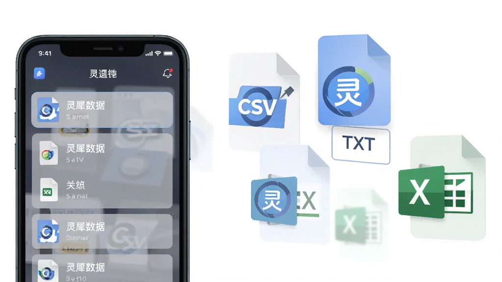 灵犀数据多格式导入功能展示图,画面左侧为手机界面显示文件导入选项,右侧漂浮CSV、TXT、Excel三种文件图标,背景为纯白色,布局左右对称,风格扁平化设计,细节中文件图标带有灵犀数据标志,画质清晰干净无杂乱元素
