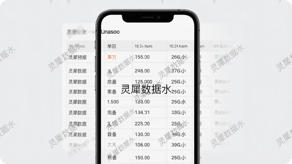 灵犀数据实时预览界面图,画面展示手机屏幕内数据表格整齐排列,数字清晰可见,背景为淡灰色,布局居中突出表格区域,风格简约商务,细节中表格带有灵犀数据水印,画质高清干净无多余元素